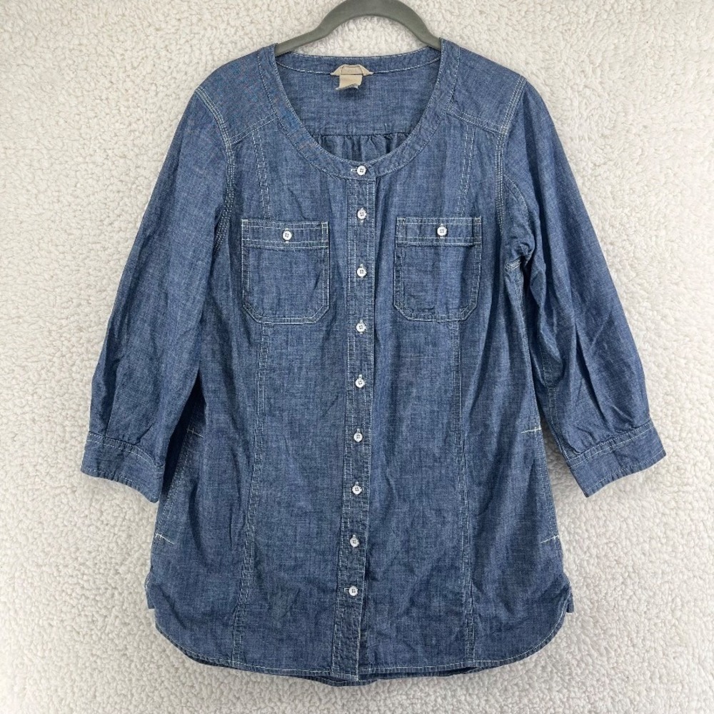 Duluth Trading Co Womens S Chambray Denim Button Up Shirt 3/4 Sleeve Collarless